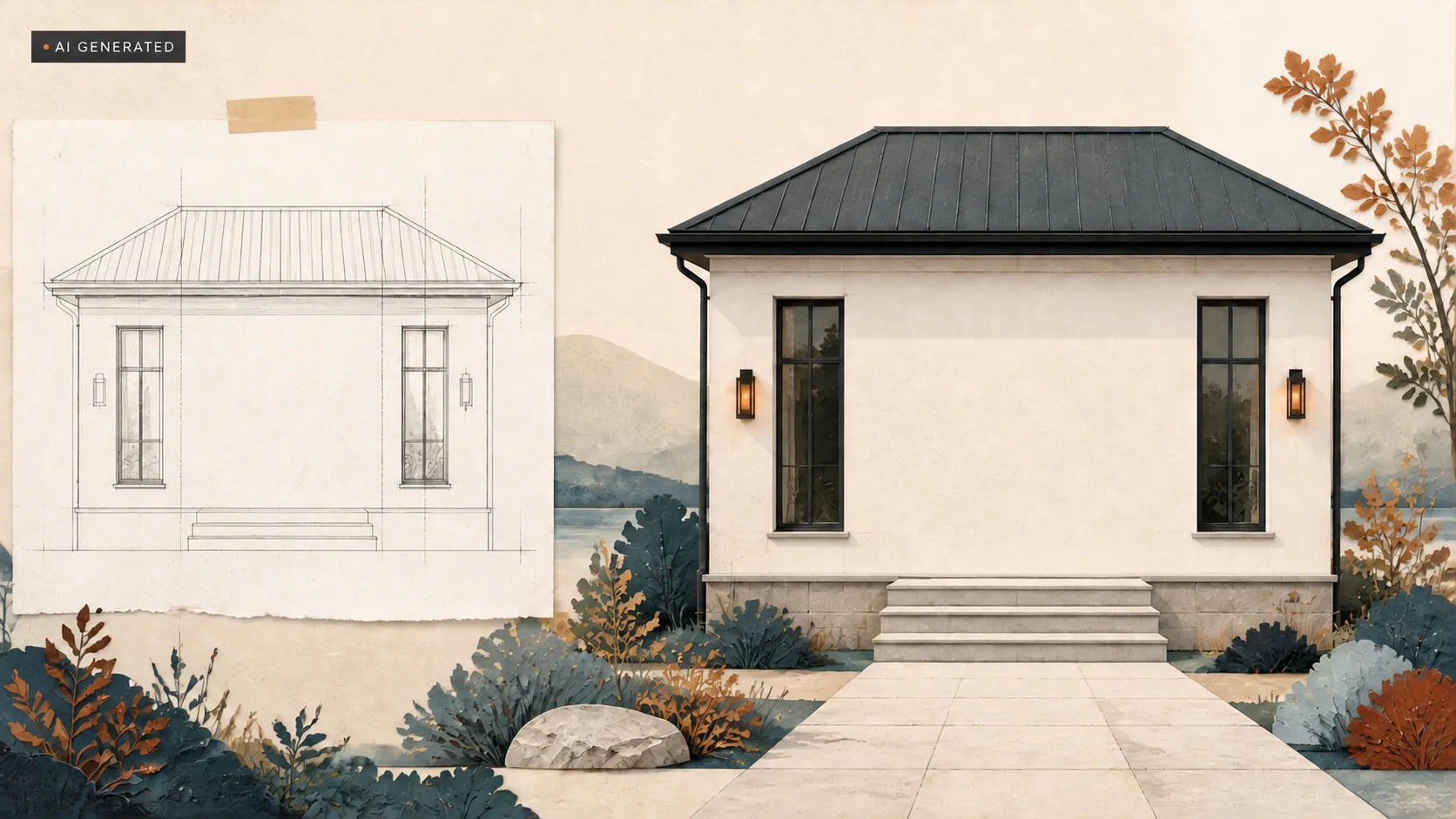 AI-generated illustration of a finished modern house with windows, lights and a path leading to a blank wall where the entrance should be; the blueprint beside it omits the door too.